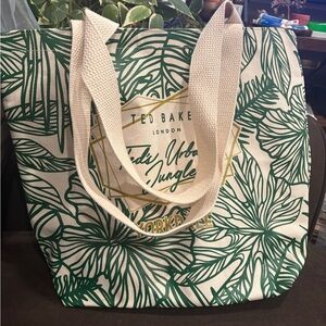 Ted Baker Green and Cream Tropical Leaf Canvas Tote
